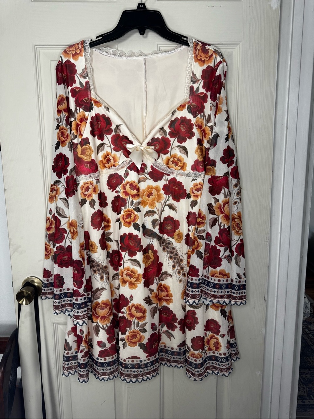 Floral Lace-Trim Mini Dress in Cream with Red & Mustard Blooms